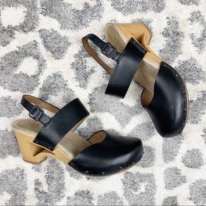 Dansko Rare Thea Black leather cut out clog wedge